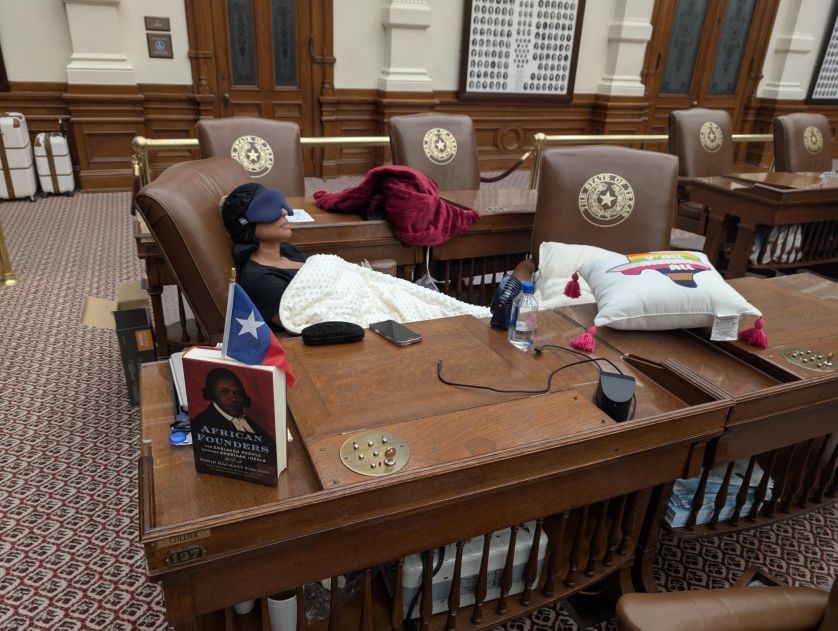 Democratic Texas Rep. Nicole Collier from Fort Worth sleeps at her desk on the Texas House floor on August 18, 2025. 