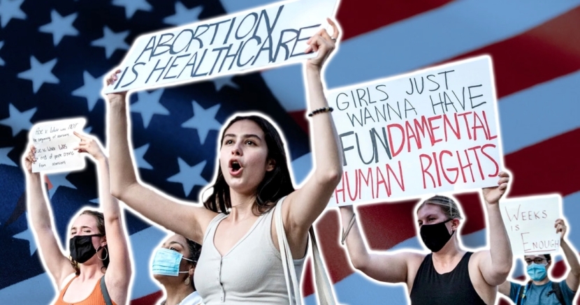 Protesters over an American flag