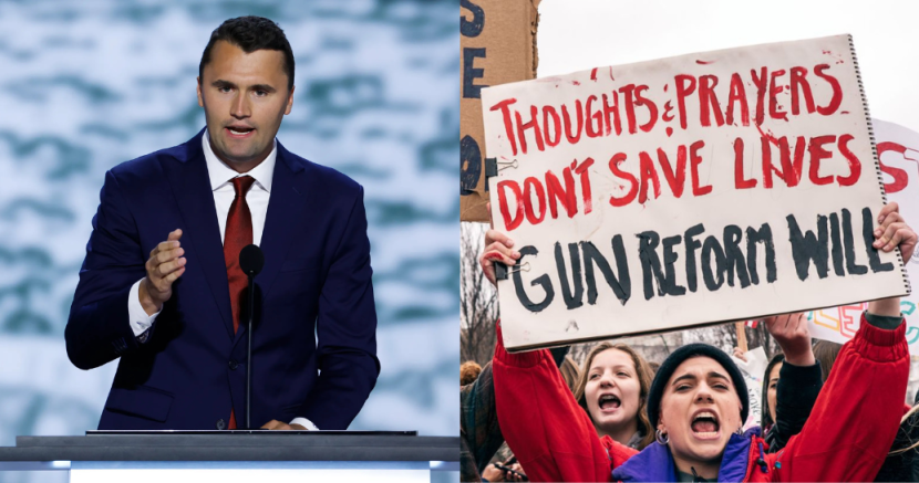 Left: Conservative Influencer Charlie Kirk, Right: Protest sign that reads: [THOUGHTS & PRAYERS DONT SAVE LIVES; GUN REFORM WILL]