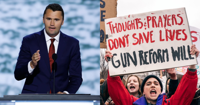Left: Conservative Influencer Charlie Kirk, Right: Protest sign that reads: [THOUGHTS & PRAYERS DONT SAVE LIVES; GUN REFORM WILL]
