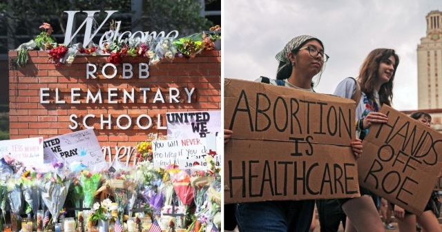 Split screen showing Uvalde and abortion protest