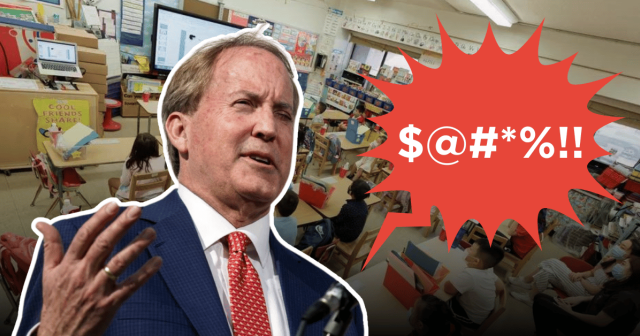 Ken Paxton with an angry text bubble in front of a classroom