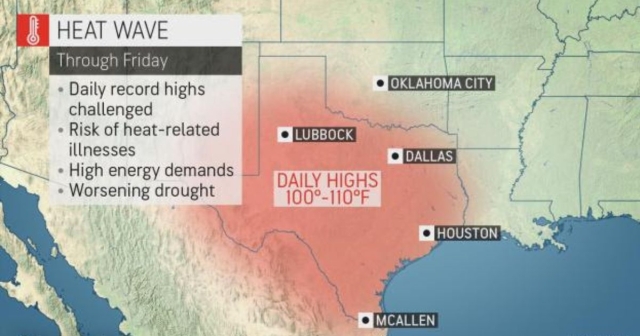 Texas map showing 100 degree weather